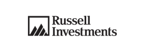 Logo of Russell Investments, featuring the company name and a triangular design inside a square.