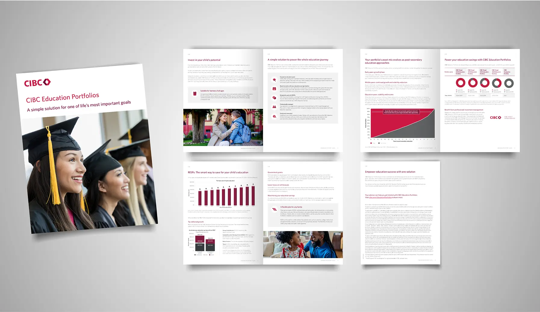 Image 4 CIBC Education Portfolios launch brochure spread featuring target date investing overview, RESP savings charts, and asset allocation glidepath