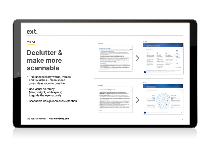 Guide page on tablet showing before-and-after layout examples