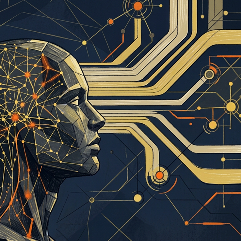 Illustration of a human profile formed by gold circuit lines, representing AI-enabled investment commentary
